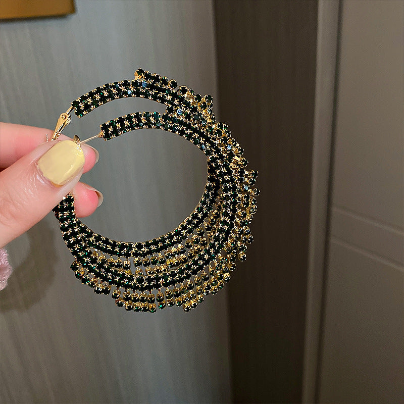 Silver Needle Set Diamond Circle Tassel Earring Fashion Girl