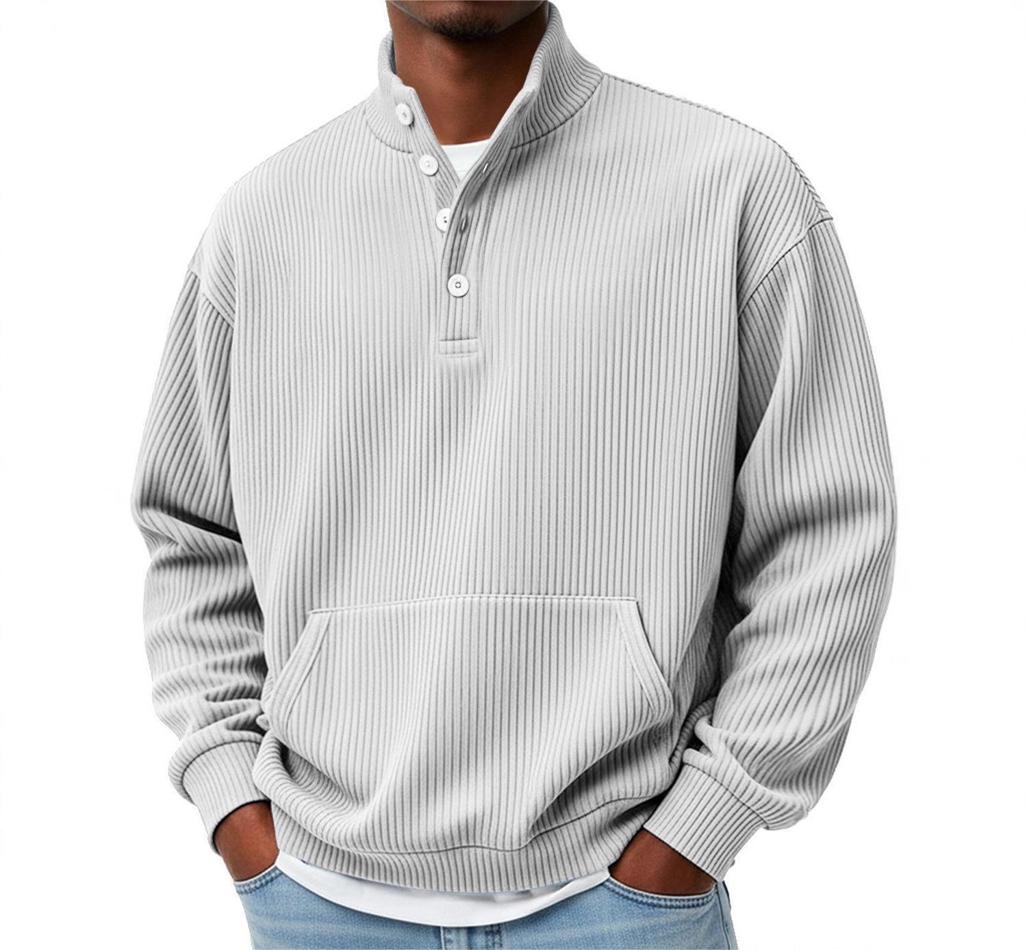 Mens Solid-Color Turtleneck Casual Long-Sleeve Polo Sweatshirt With Pockets For Men Spring Autumn Clothing Loose Button Polo Collar Tees Tops Man Outwear