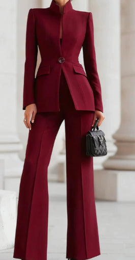 Long Sleeve Solid Color Pocket One Button Small Suit Two-piece Pants