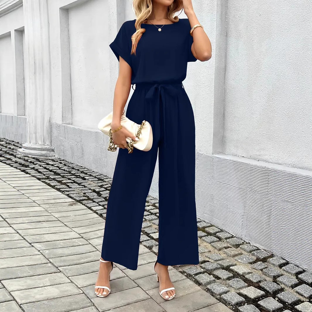 Womens Elegant Commuter Solid-Color Wide-Leg Straight-Jump Suit
