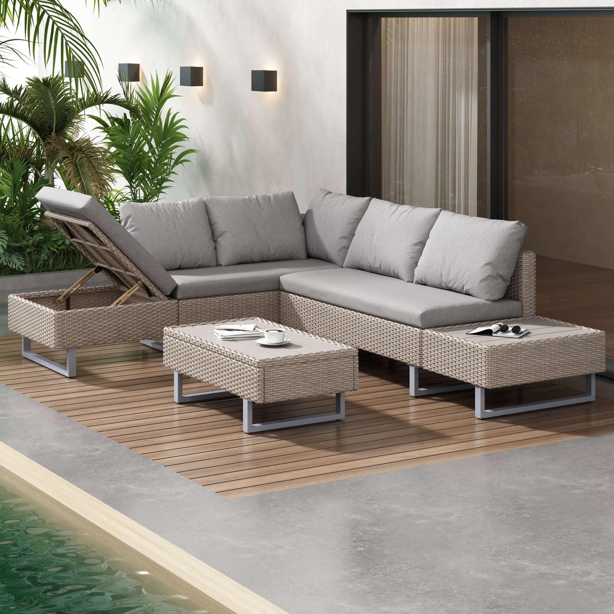 Mixed Khaki Rattan Corner Sofa Set,Industrial Style,with Coffee Table,Garden Furniture Set,Anti-UV Cushions Removable Covers,Khaki