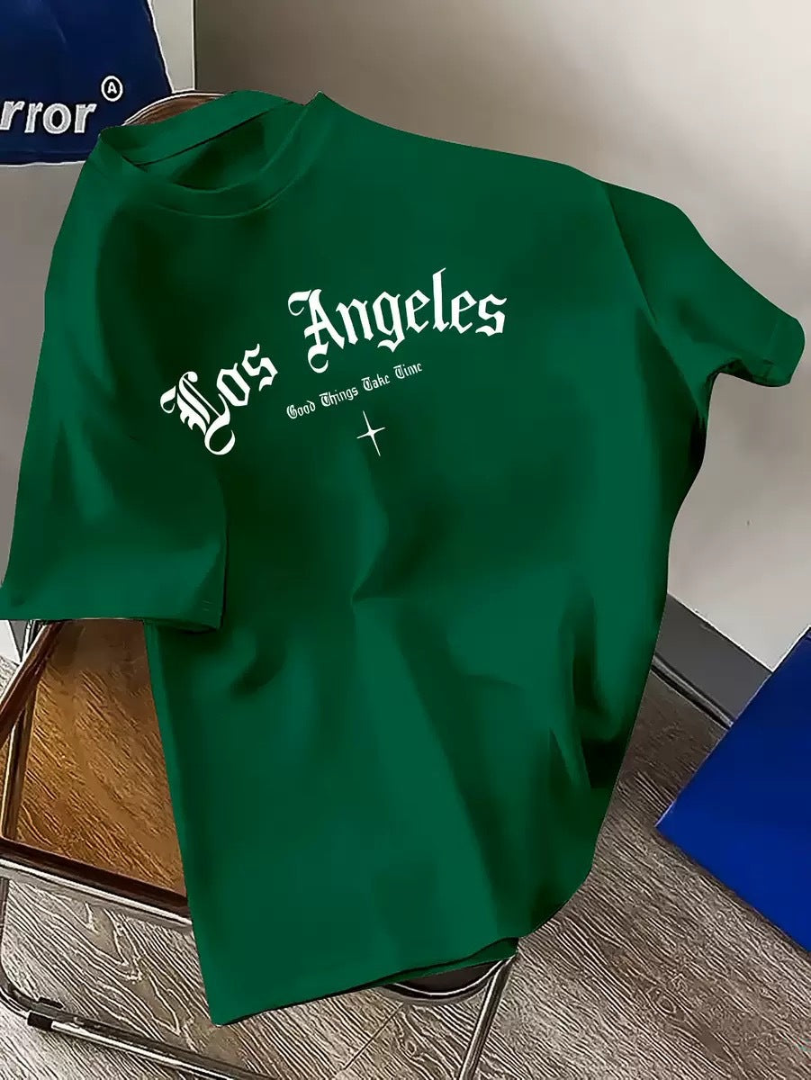 Mens Los Angeles-Print T-Shirt Casual Versatile Crew Neck Style
