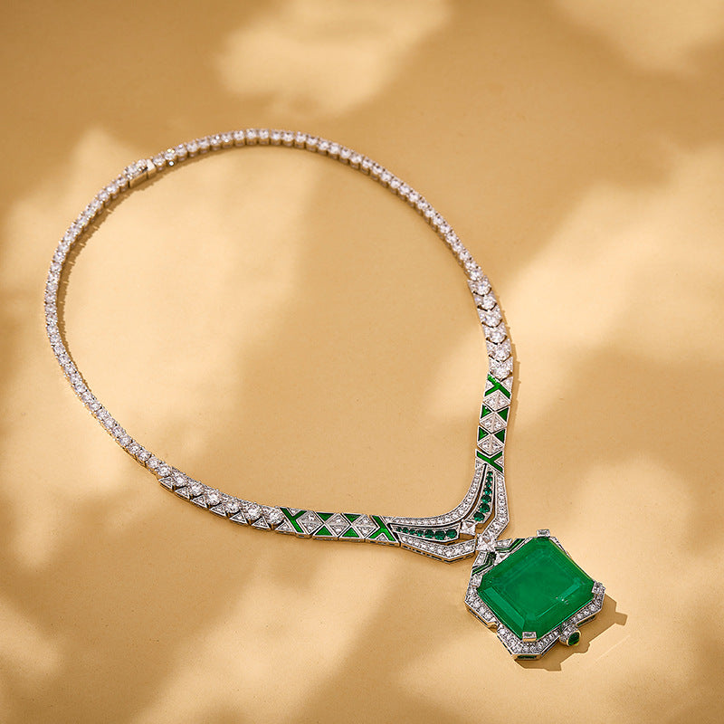 Gold-Plated Square Sugar Pendant Necklace With Emerald For Women