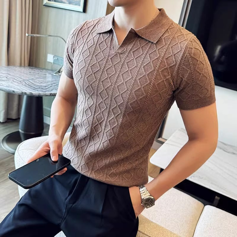 Mens Textured Shirt With A Turn-down V-neck Slim-fit Business T-shirt
