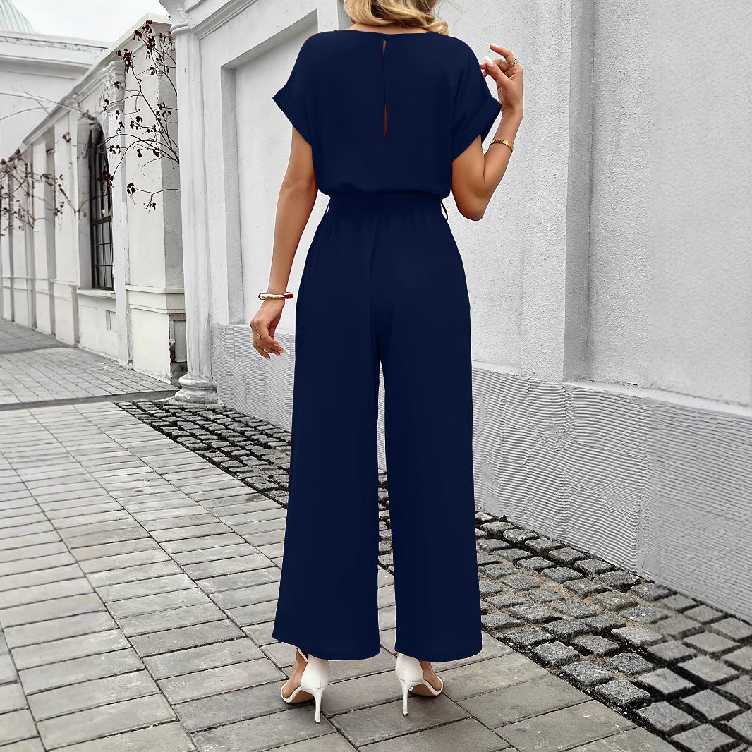 Womens Elegant Commuter Solid-Color Wide-Leg Straight-Jump Suit