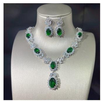 Emerald Tourmaline Full Diamond Earrings Female Pendant Necklace Set
