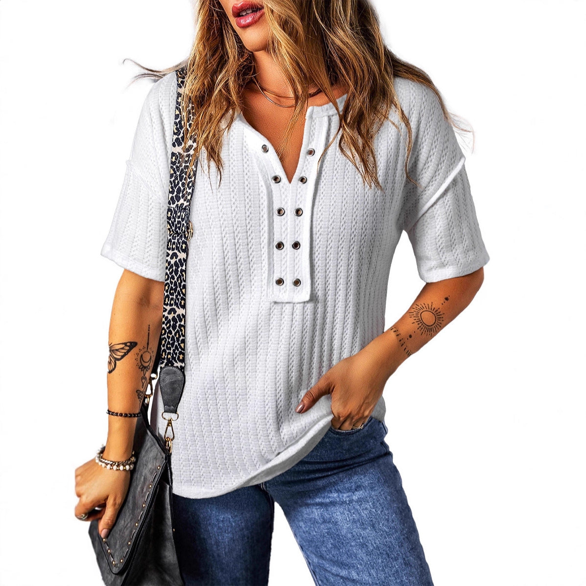 Loose Casual Textured V-neck Short-sleeve Shirt