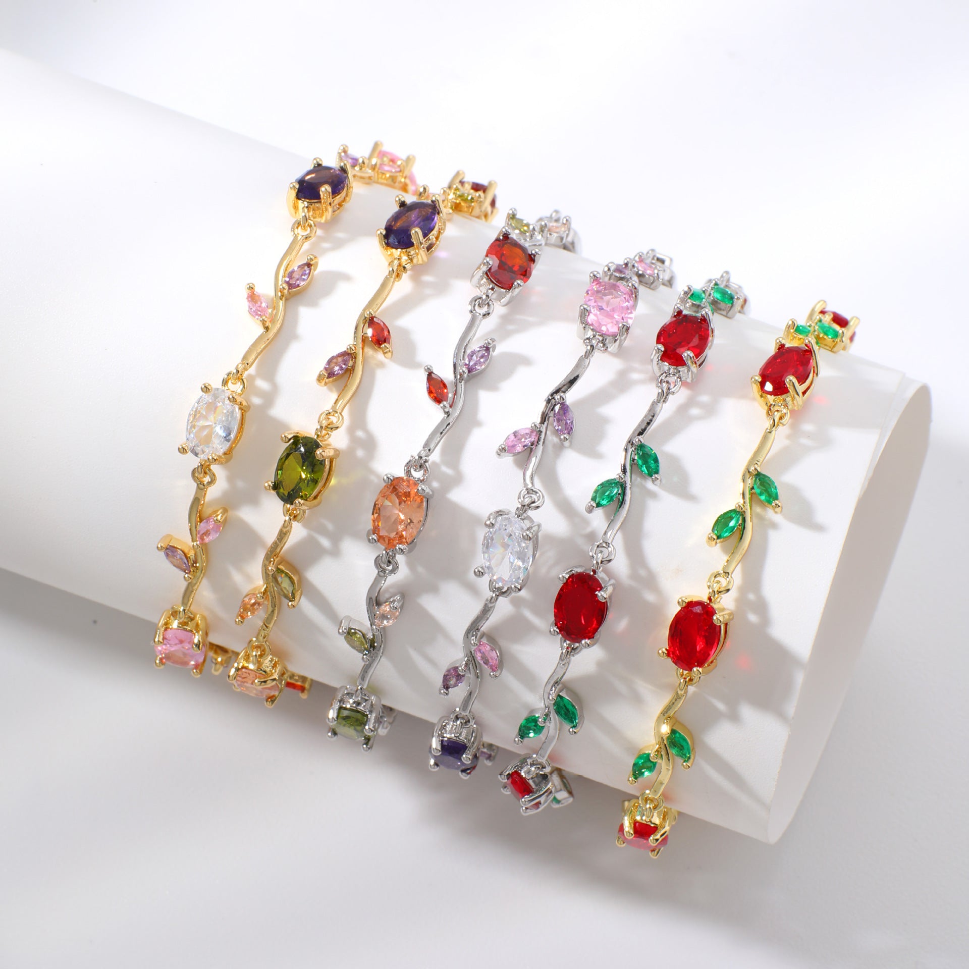 Womens Colorful Leaf Elliptical Geometric Zircon Bracelet