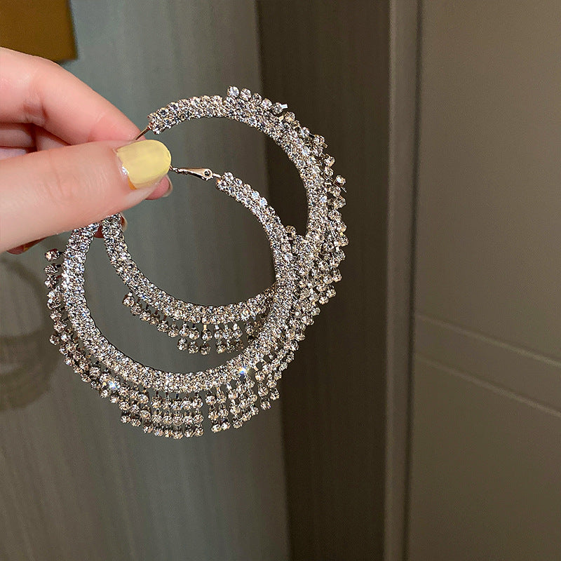 Silver Needle Set Diamond Circle Tassel Earring Fashion Girl